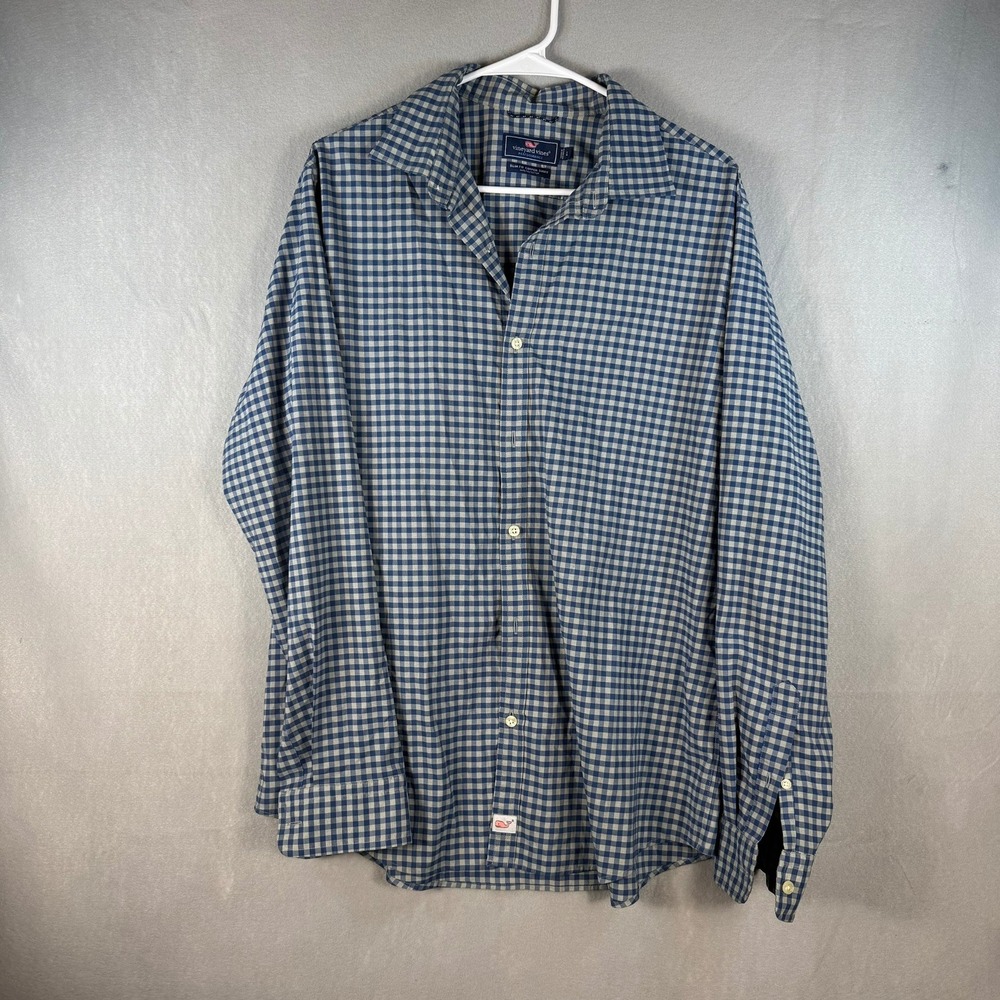 Vineyard Vines Performance Slim Fit Cooper Shirt Navy Gingham Blue Mens Large
